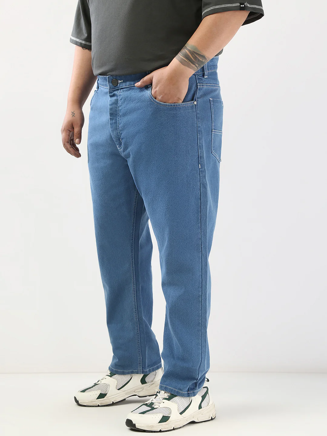 Plus Men's Light Blue Straight Fit Washed Jeans Stretchable - Image 3