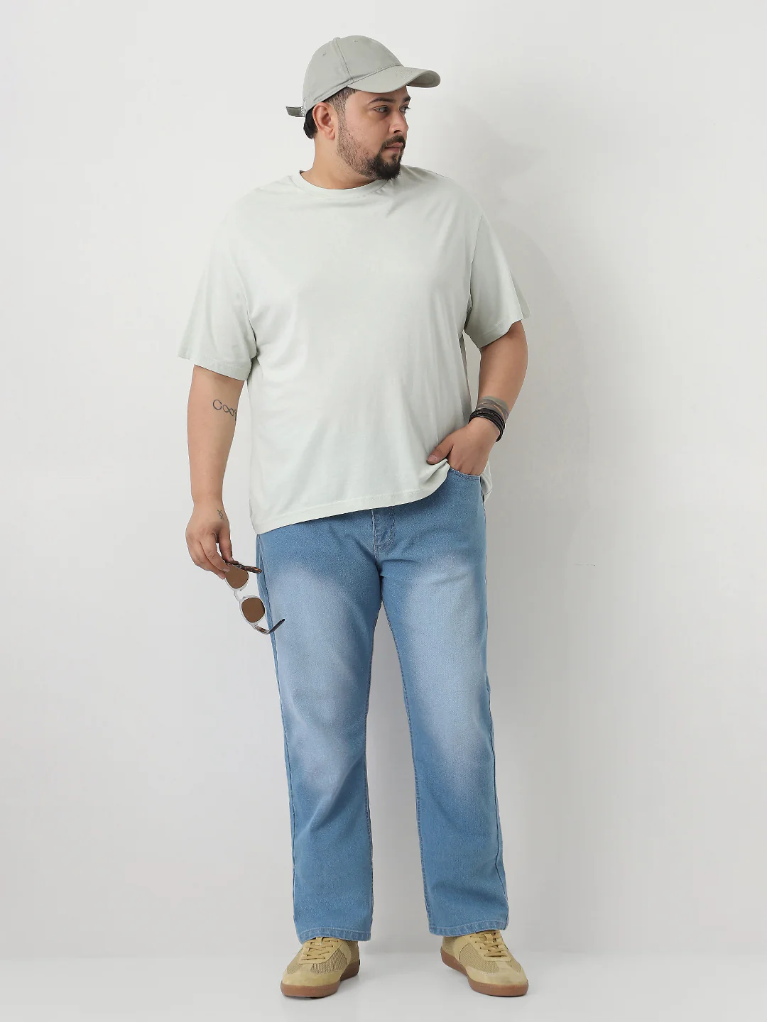 Plus Men's Light Blue Straight Fit Washed Jeans Stretchable - Image 4