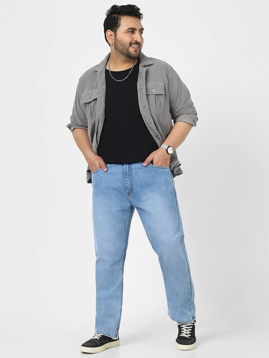 Plus Men's Light Blue Straight Fit Washed Jeans Stretchable - Image 4