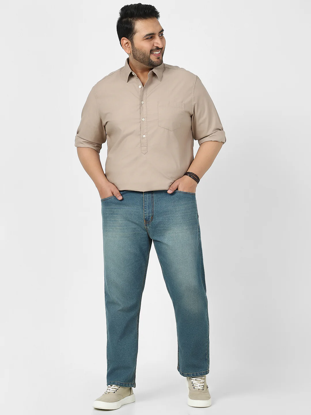 Plus Men's Light Blue Straight Fit Washed Jeans Stretchable - Image 4
