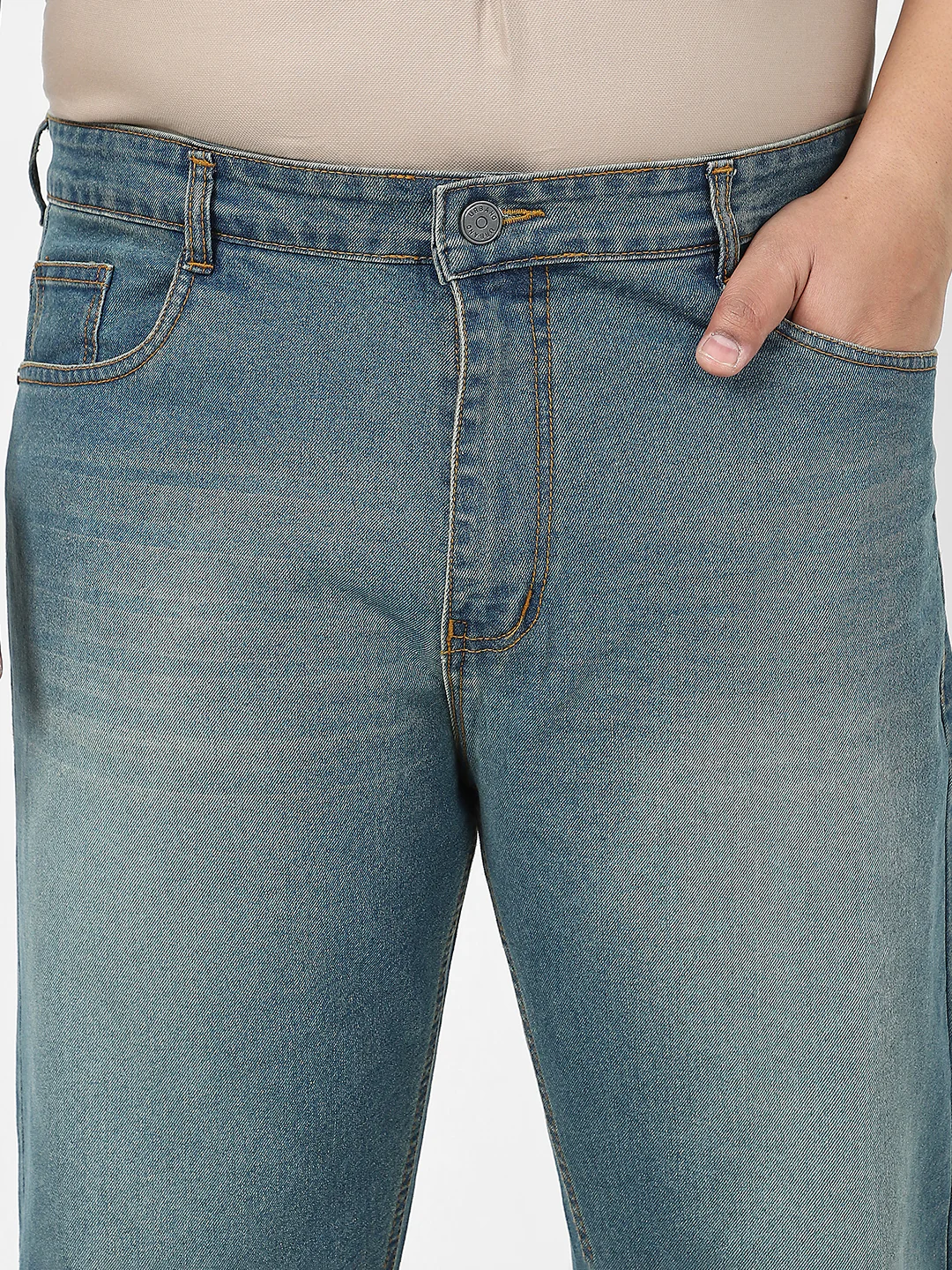 Plus Men's Light Blue Straight Fit Washed Jeans Stretchable - Image 5