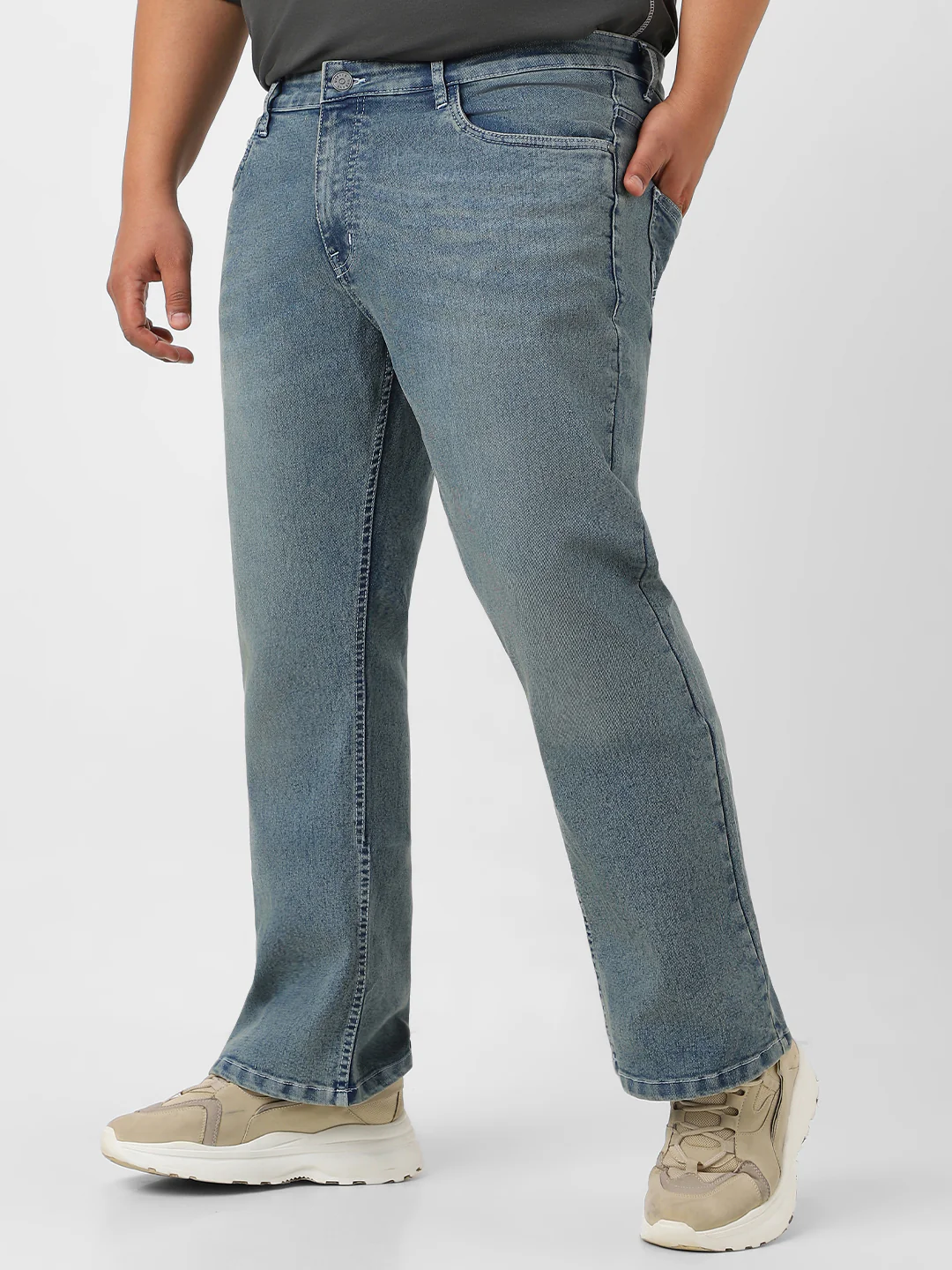 Plus Men's Light Blue Washed Bootcut Jeans Stretchable - Image 2