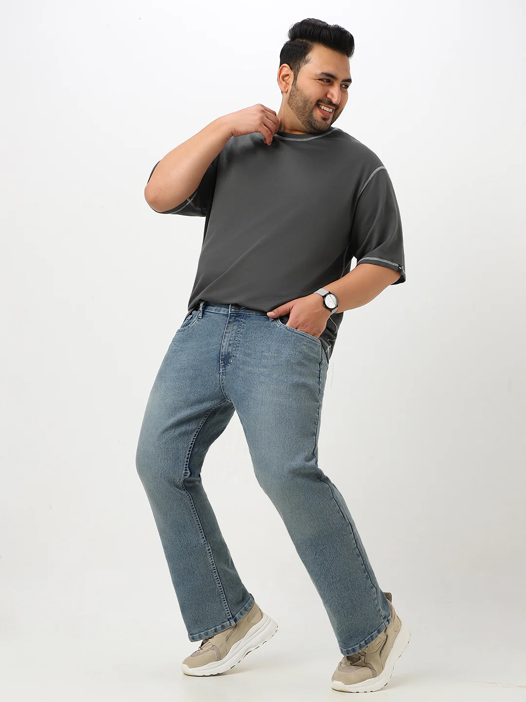 Plus Men's Light Blue Washed Bootcut Jeans Stretchable - Image 4