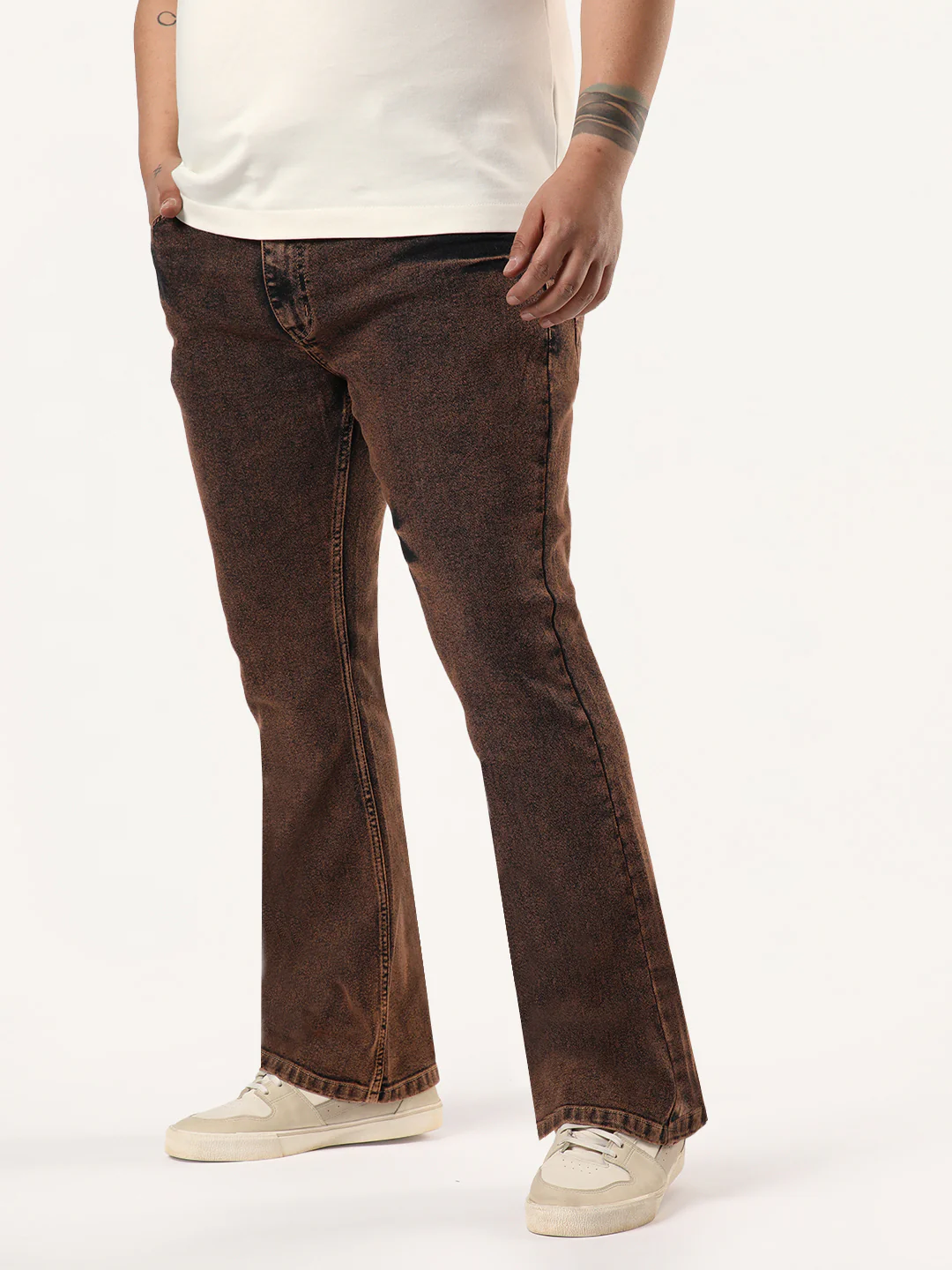 Plus Men's Light Brown Bootcut Fit Mid Rise Acid Wash Jeans Stretchable - Image 2