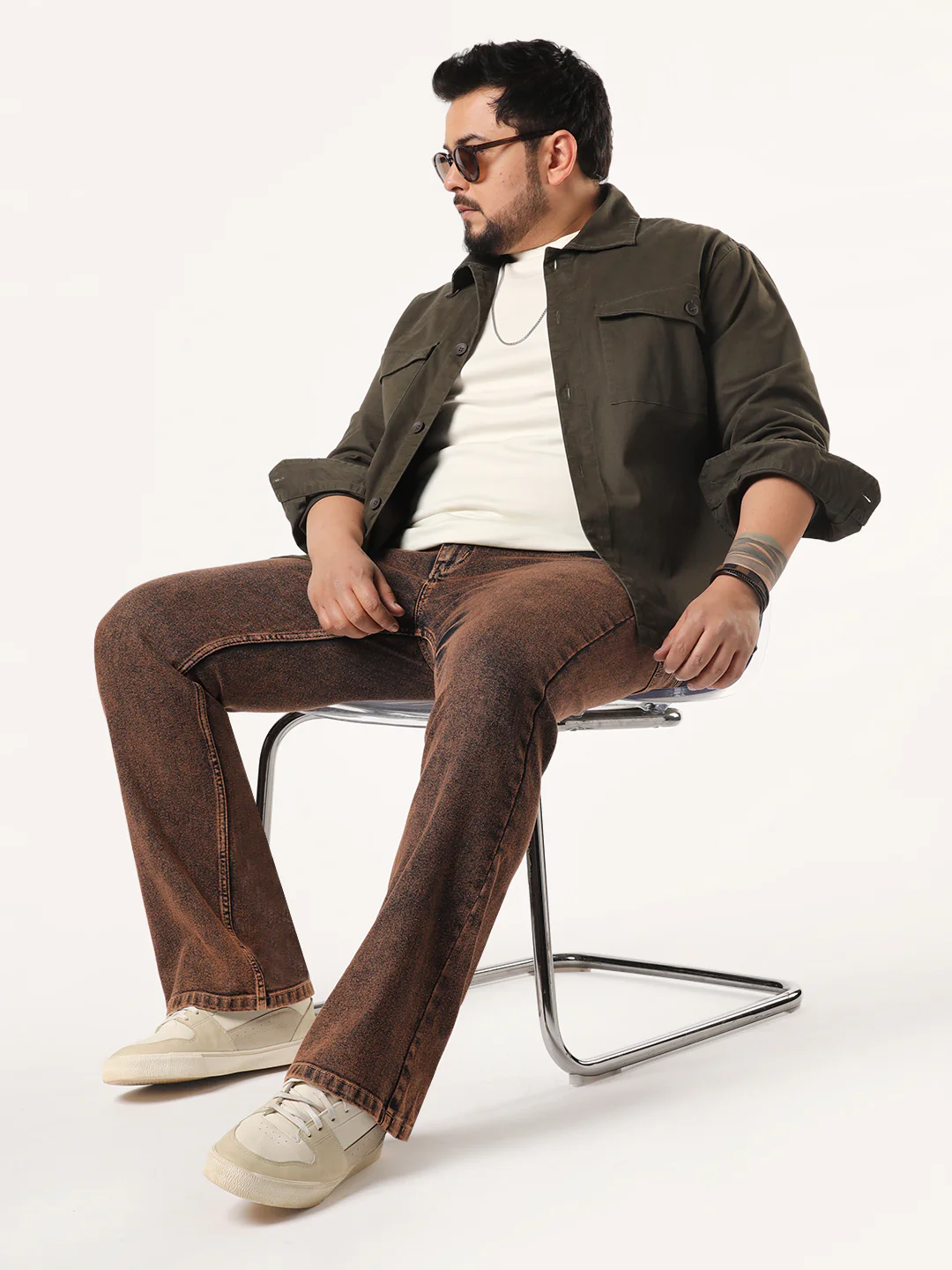Plus Men's Light Brown Bootcut Fit Mid Rise Acid Wash Jeans Stretchable - Image 4