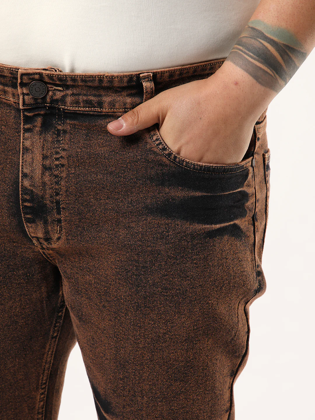 Plus Men's Light Brown Bootcut Fit Mid Rise Acid Wash Jeans Stretchable - Image 5