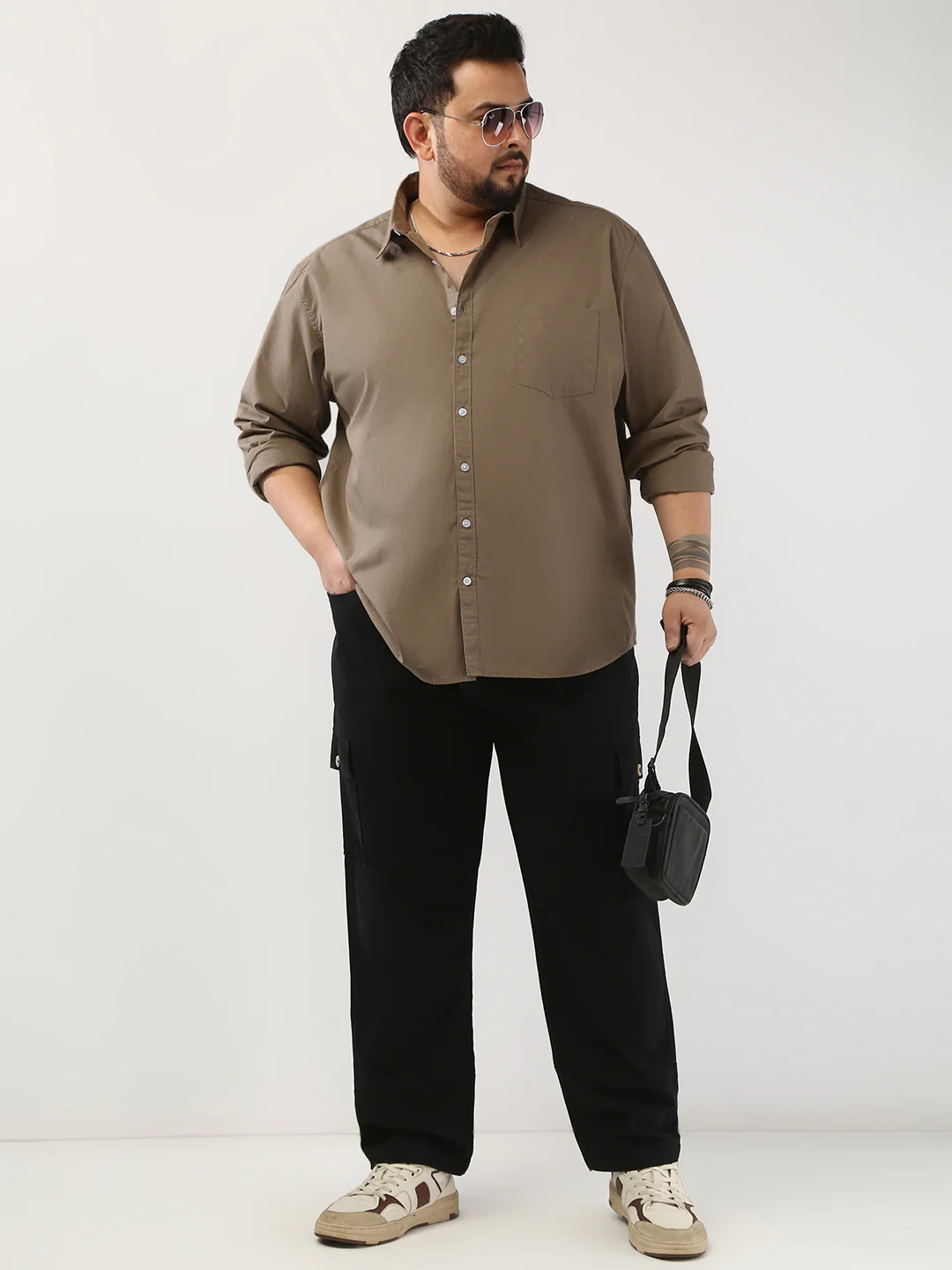 Plus Men's Light Brown Cotton Full Sleeve Regular Fit Casual Solid Shirt - Image 4