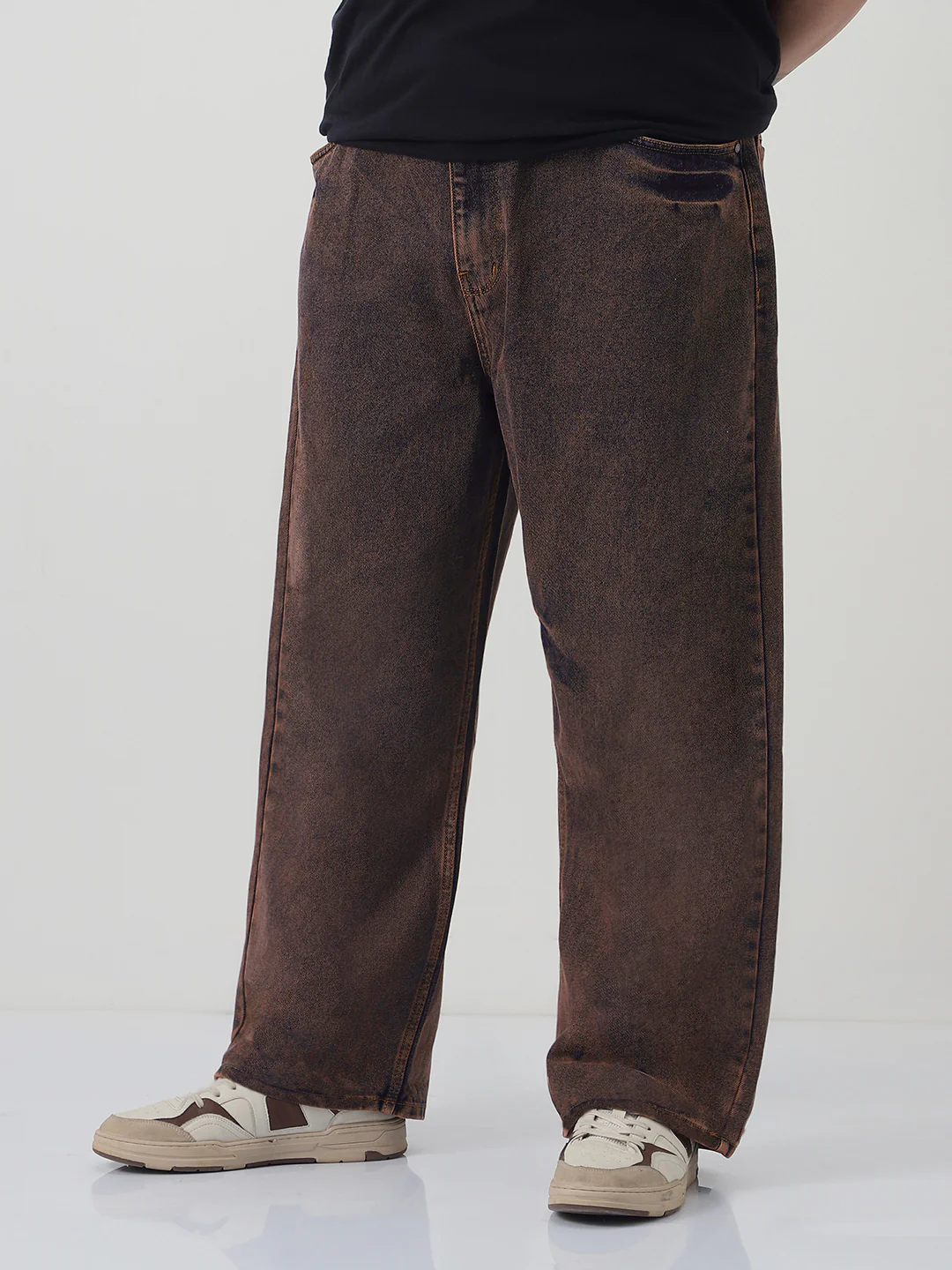 Plus Men's Light Brown Loose Baggy Fit Washed Jeans Non-Stretchable - Image 2