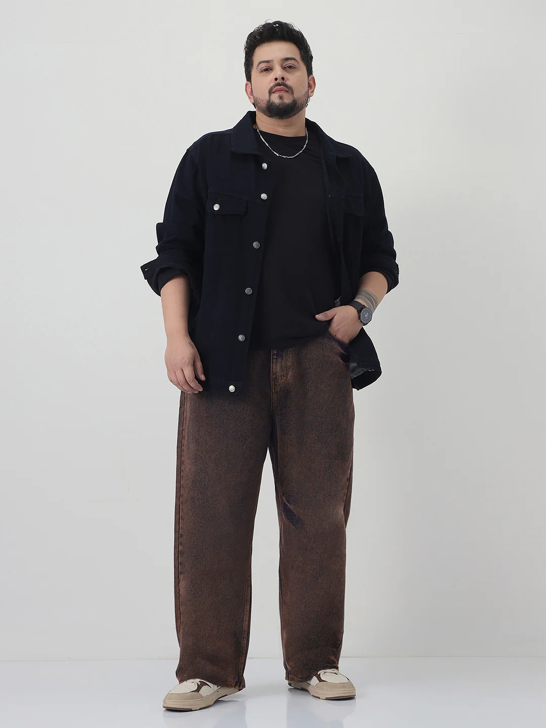 Plus Men's Light Brown Loose Baggy Fit Washed Jeans Non-Stretchable - Image 4