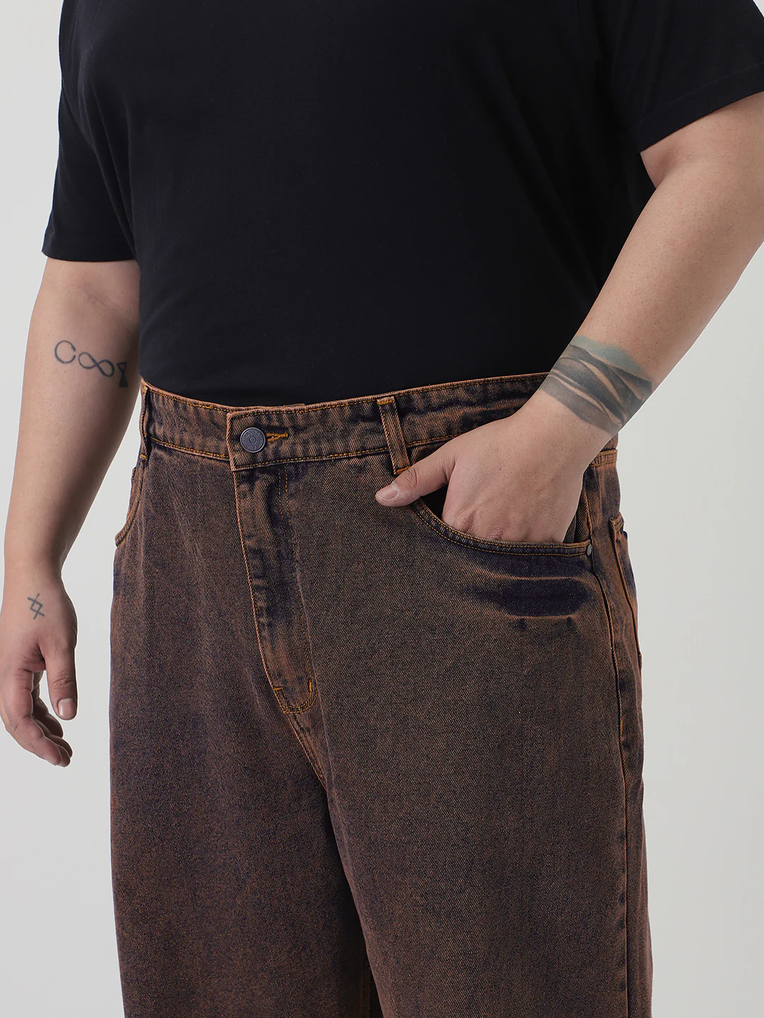 Plus Men's Light Brown Loose Baggy Fit Washed Jeans Non-Stretchable - Image 5