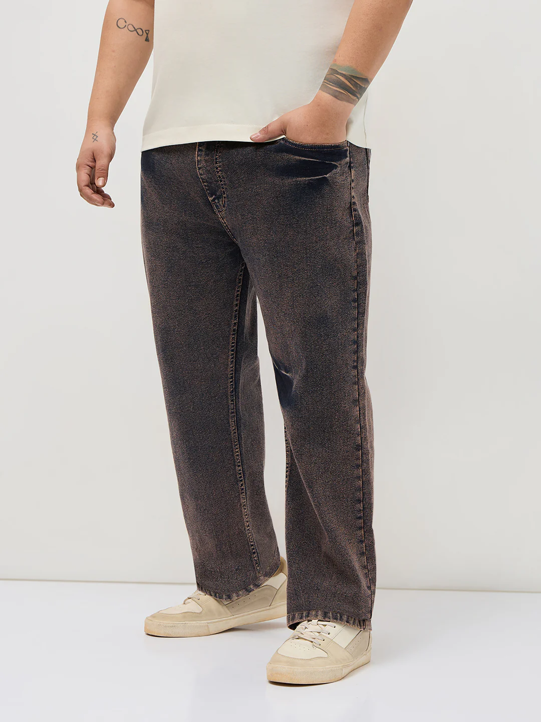 Plus Men's Light Brown Regular Fit Acid Washed Denim Jeans Stretchable - Image 2