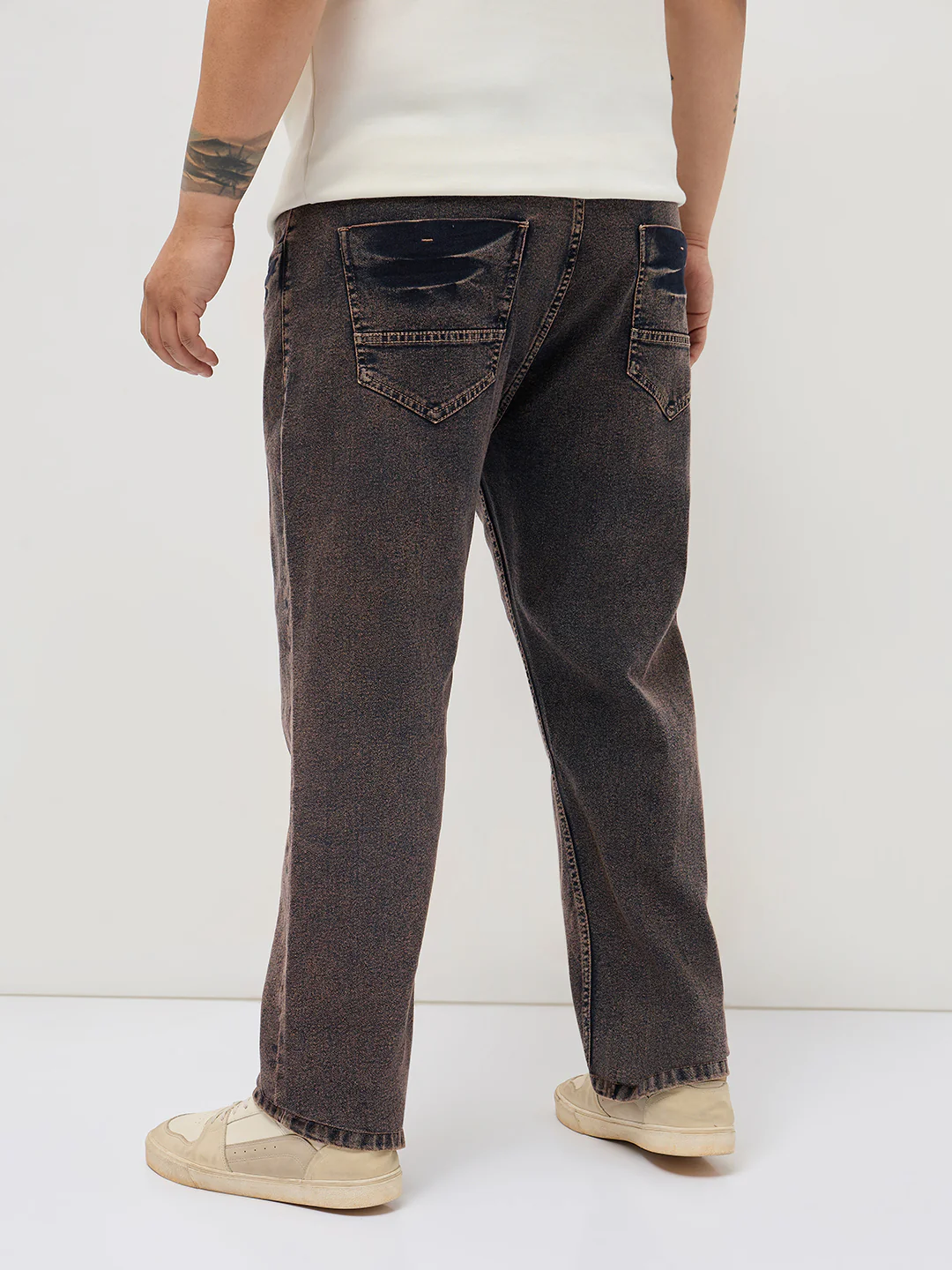 Plus Men's Light Brown Regular Fit Acid Washed Denim Jeans Stretchable - Image 3