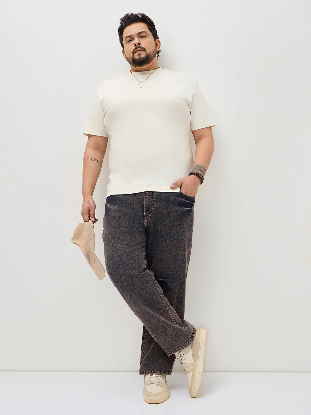 Plus Men's Light Brown Regular Fit Acid Washed Denim Jeans Stretchable - Image 4