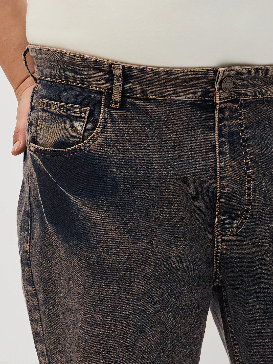 Plus Men's Light Brown Regular Fit Acid Washed Denim Jeans Stretchable - Image 5