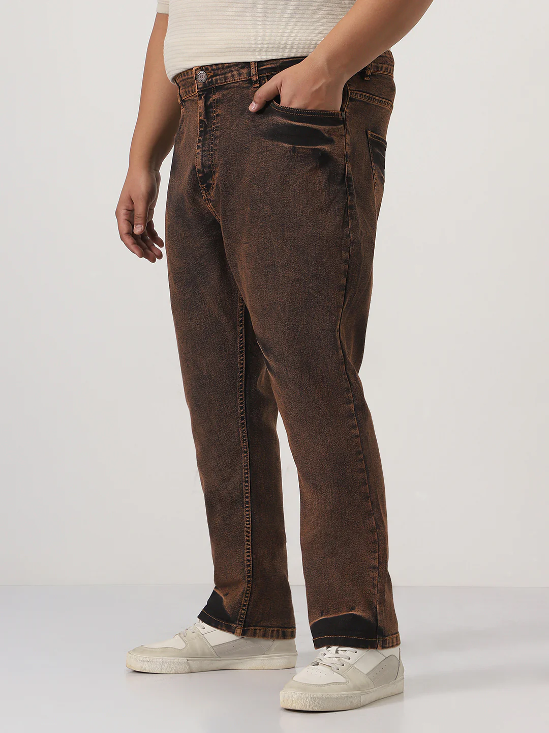 Plus Men's Light Brown Straight Fit Heavy Washed Jeans Stretchable - Image 2