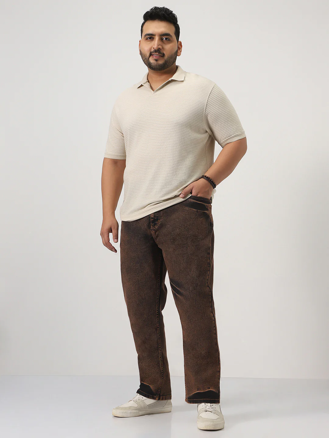 Plus Men's Light Brown Straight Fit Heavy Washed Jeans Stretchable - Image 4