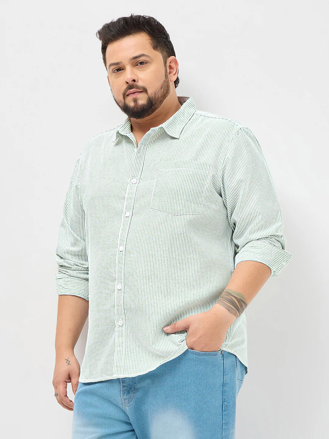 Plus Men's Light Green Cotton Full Sleeve Regular Fit Casual Striped Shirt - Image 3