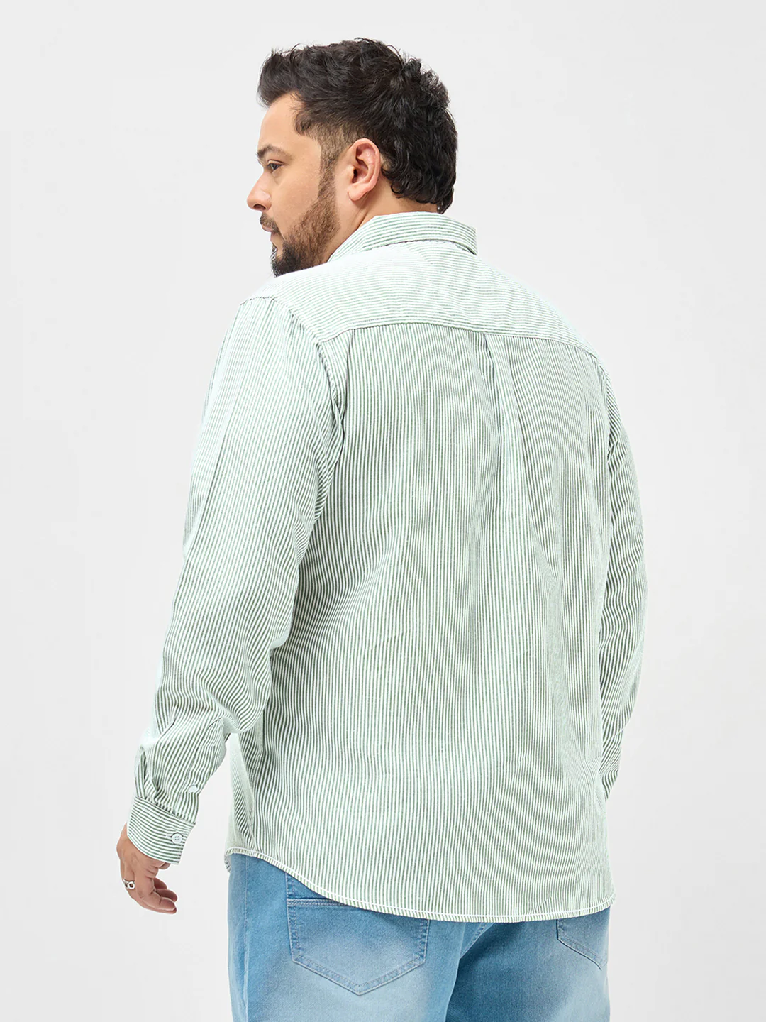 Plus Men's Light Green Cotton Full Sleeve Regular Fit Casual Striped Shirt - Image 4