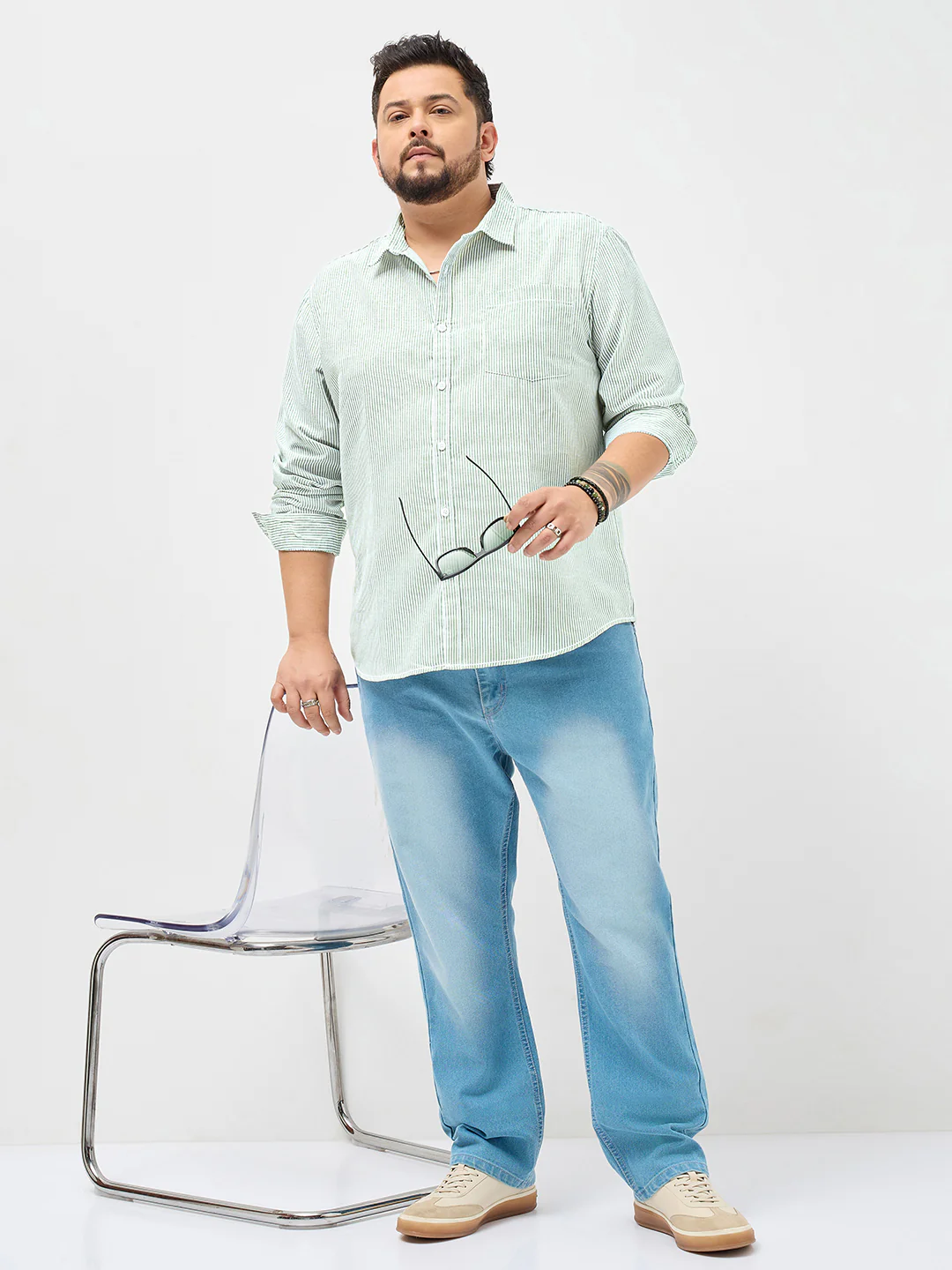 Plus Men's Light Green Cotton Full Sleeve Regular Fit Casual Striped Shirt - Image 5