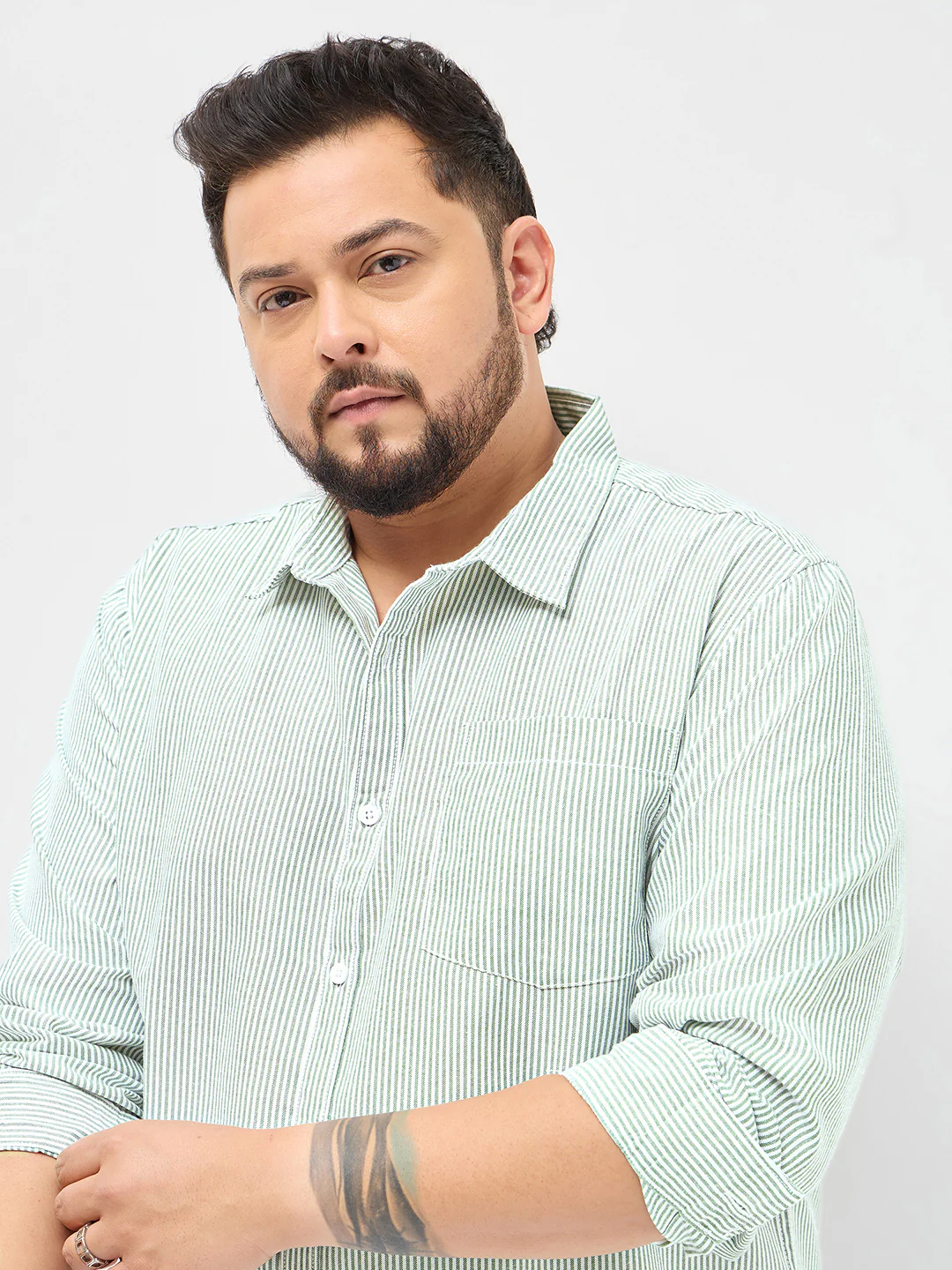 Plus Men's Light Green Cotton Full Sleeve Regular Fit Casual Striped Shirt - Image 6