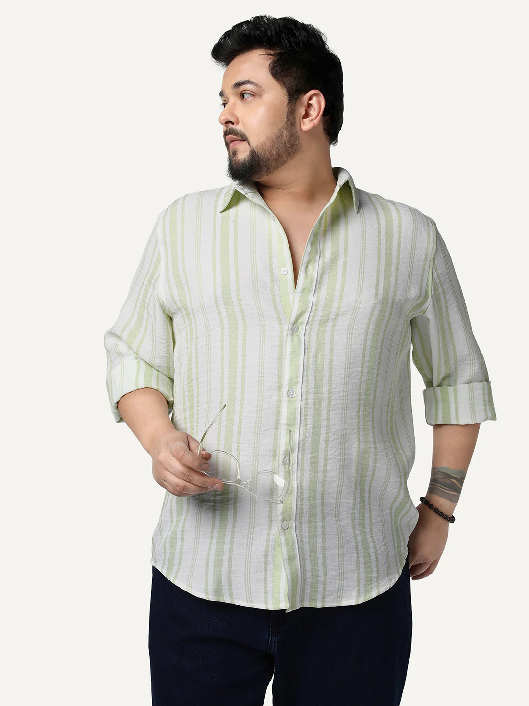 Plus Men's Light Green Cotton Full Sleeve Relaxed Fit Linen Striped Shirt with Spread Collar