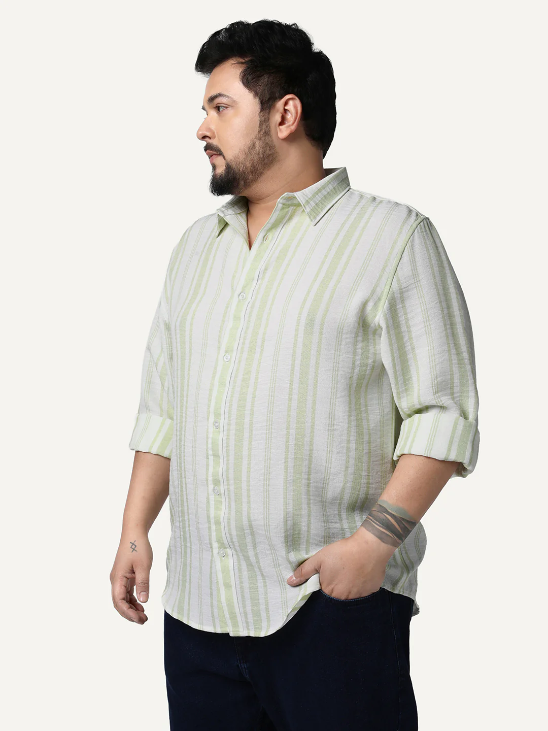 Plus Men's Light Green Cotton Full Sleeve Relaxed Fit Linen Striped Shirt with Spread Collar - Image 2