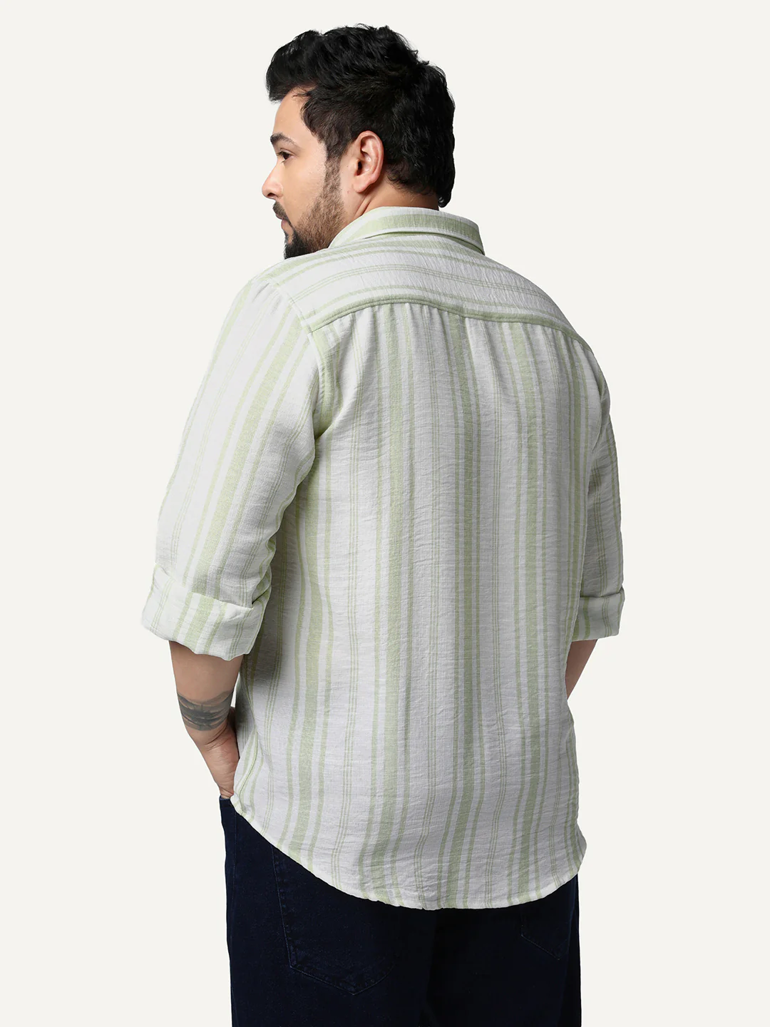 Plus Men's Light Green Cotton Full Sleeve Relaxed Fit Linen Striped Shirt with Spread Collar - Image 3