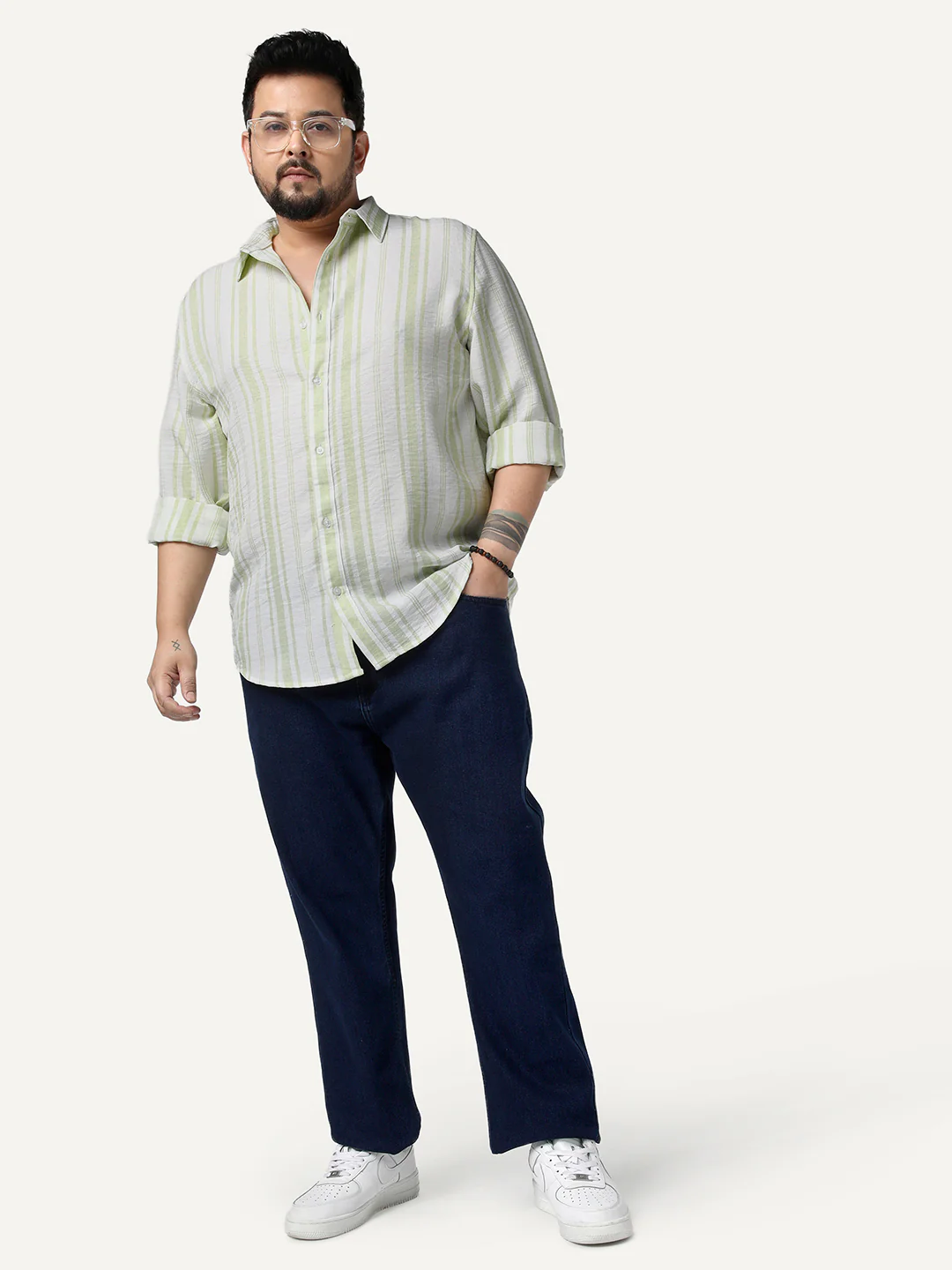 Plus Men's Light Green Cotton Full Sleeve Relaxed Fit Linen Striped Shirt with Spread Collar - Image 4