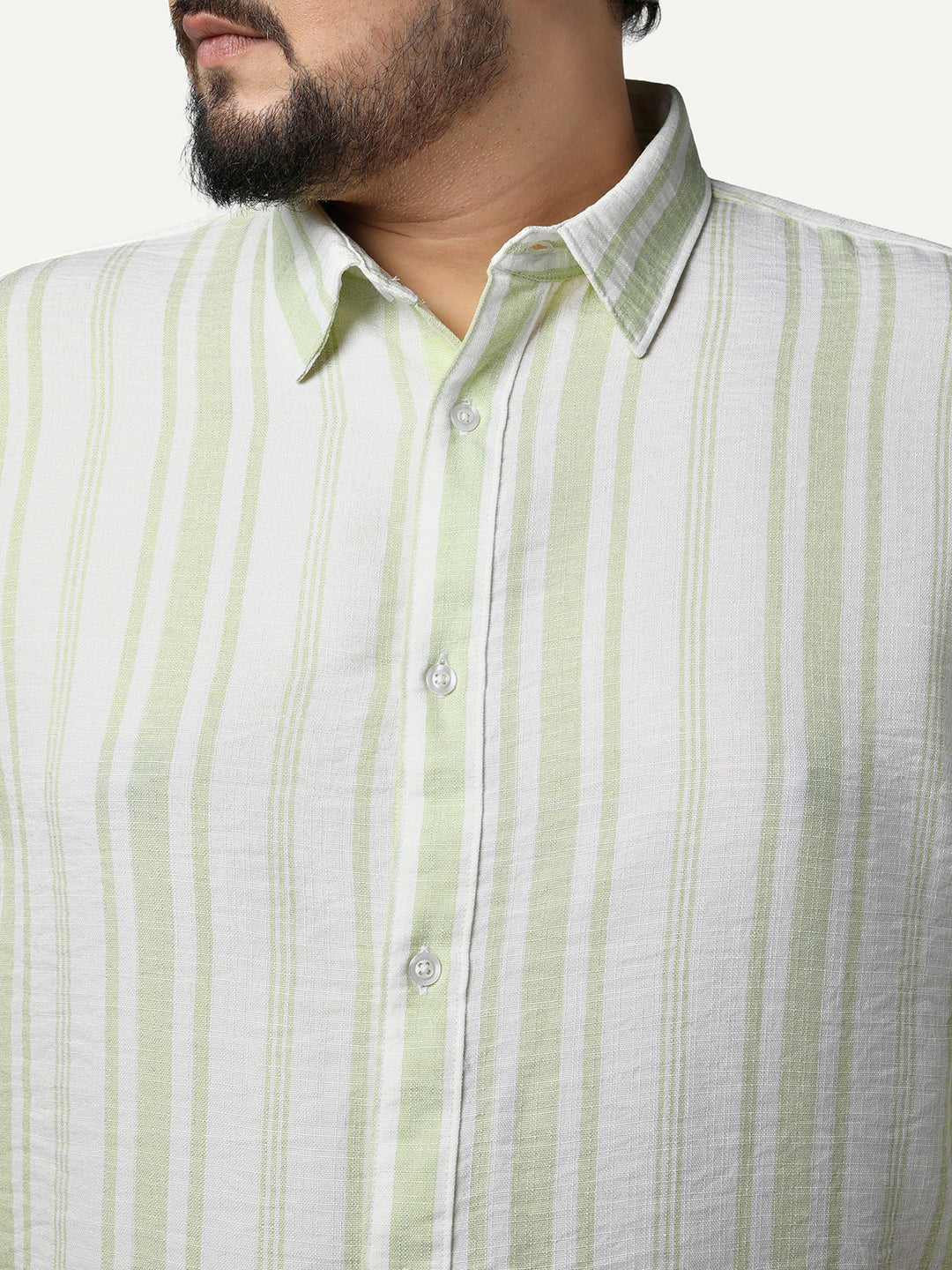 Plus Men's Light Green Cotton Full Sleeve Relaxed Fit Linen Striped Shirt with Spread Collar - Image 5