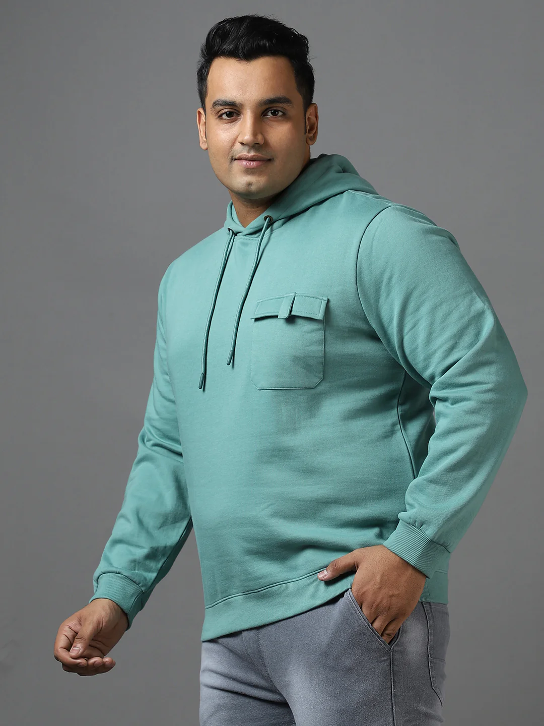 Plus Men's Light Green Cotton Solid Hooded Neck Sweatshirt - Image 2