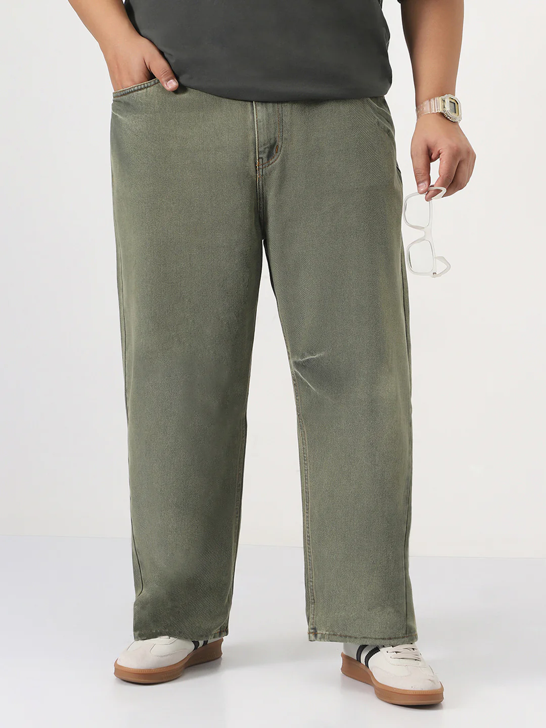 Plus Men's Light Green Loose Baggy Fit Washed Jeans Non-Stretchable