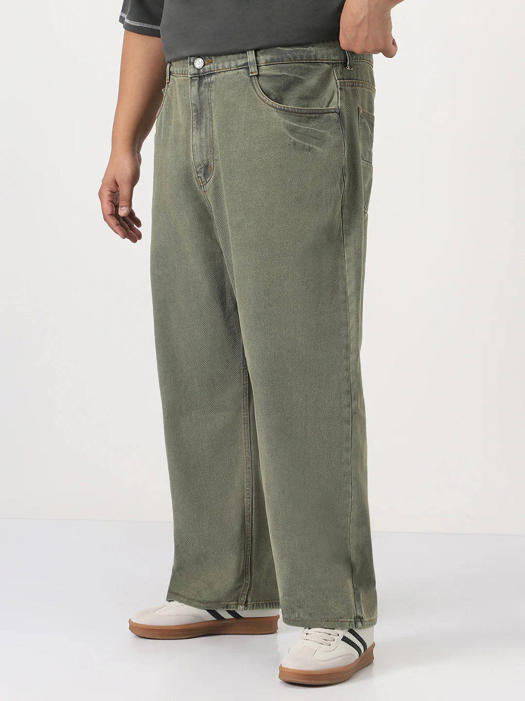 Plus Men's Light Green Loose Baggy Fit Washed Jeans Non-Stretchable - Image 2