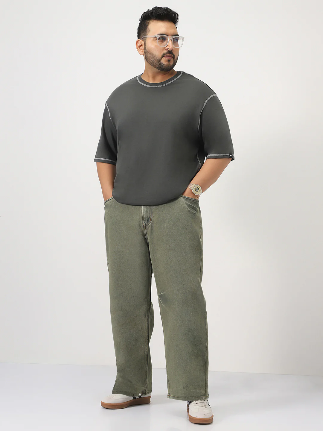 Plus Men's Light Green Loose Baggy Fit Washed Jeans Non-Stretchable - Image 4
