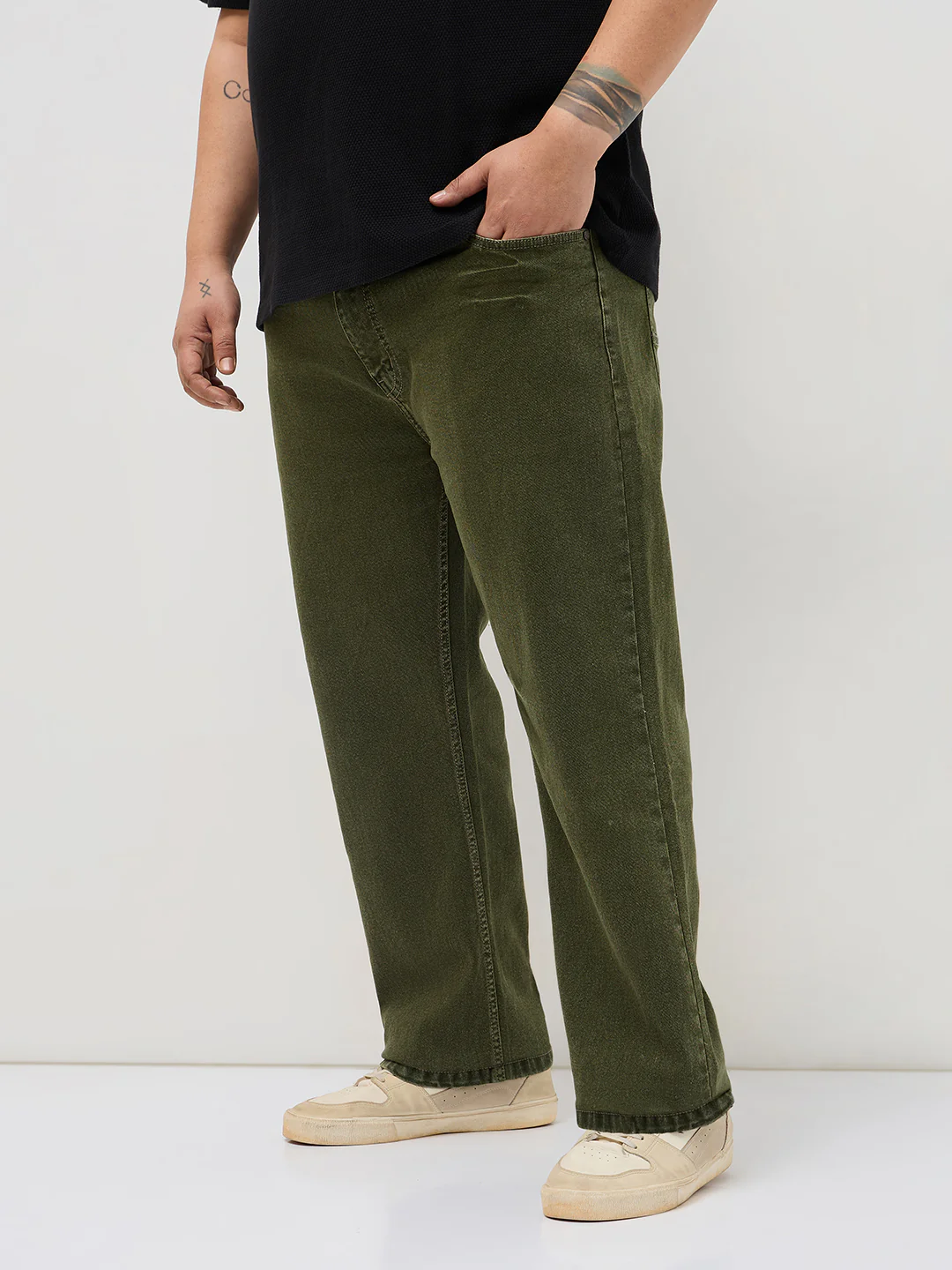 Plus Men's Light Green Regular Fit Acid Washed Denim Jeans Stretchable - Image 2