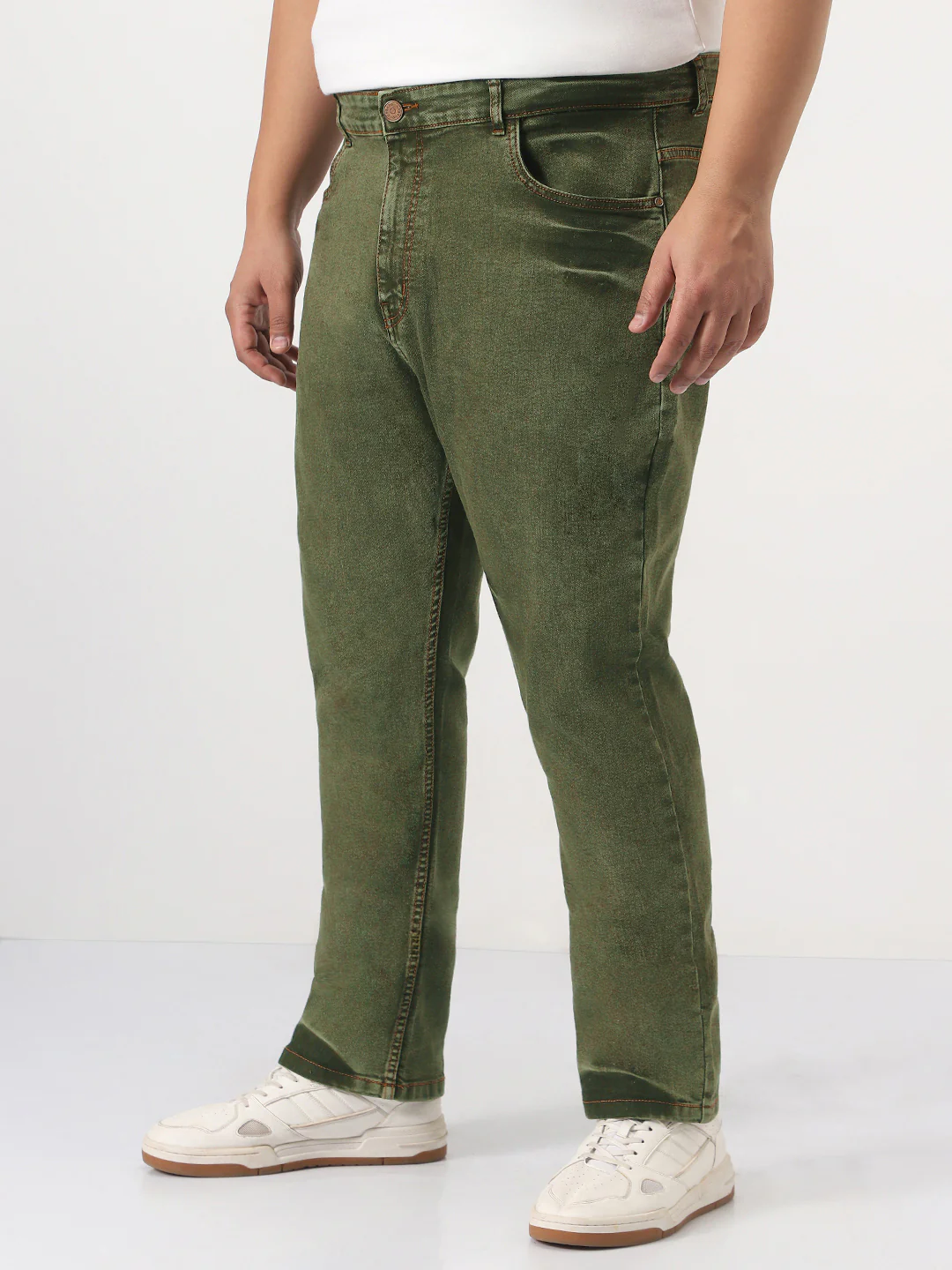 Plus Men's Light Green Straight Fit Heavy Washed Jeans Stretchable - Image 2