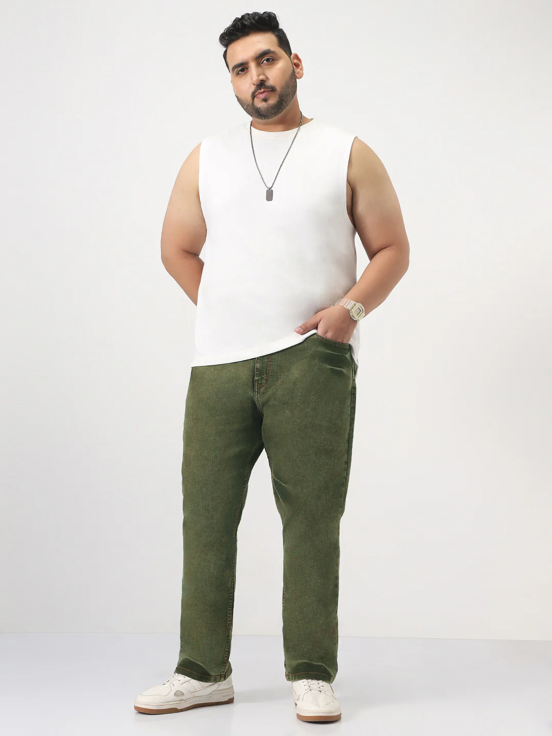 Plus Men's Light Green Straight Fit Heavy Washed Jeans Stretchable - Image 4