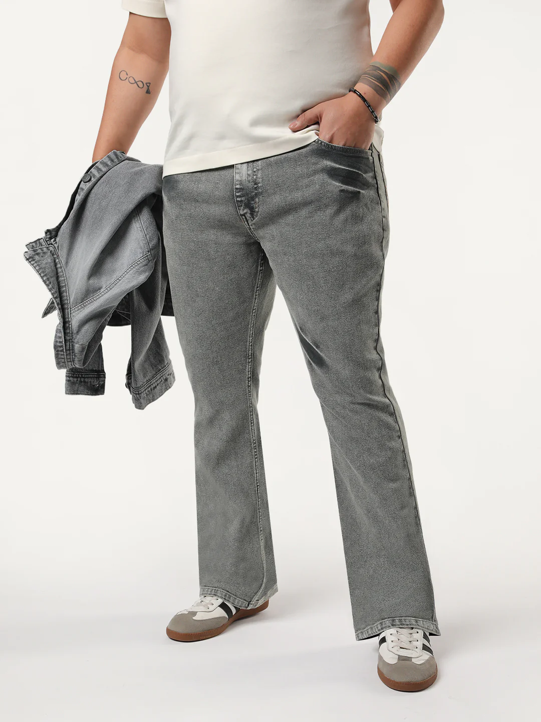 Plus Men's Light Grey Bootcut Fit Mid Rise Acid Wash Jeans Stretchable