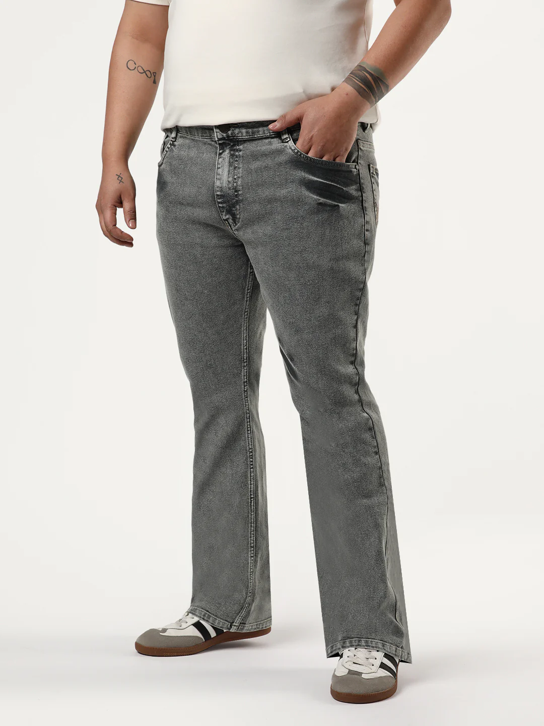 Plus Men's Light Grey Bootcut Fit Mid Rise Acid Wash Jeans Stretchable - Image 2