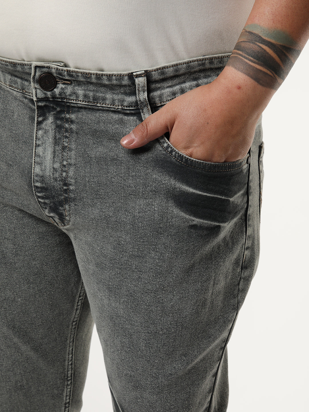 Plus Men's Light Grey Bootcut Fit Mid Rise Acid Wash Jeans Stretchable - Image 5