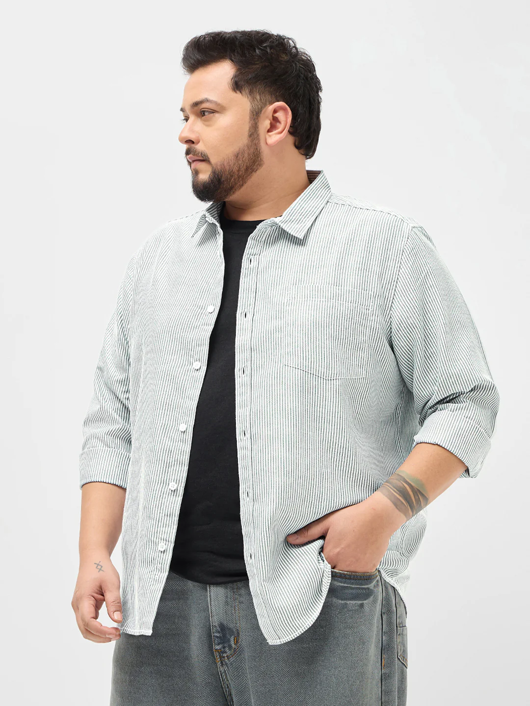 Plus Men's Light Grey Cotton Full Sleeve Regular Fit Casual Striped Shirt - Image 3