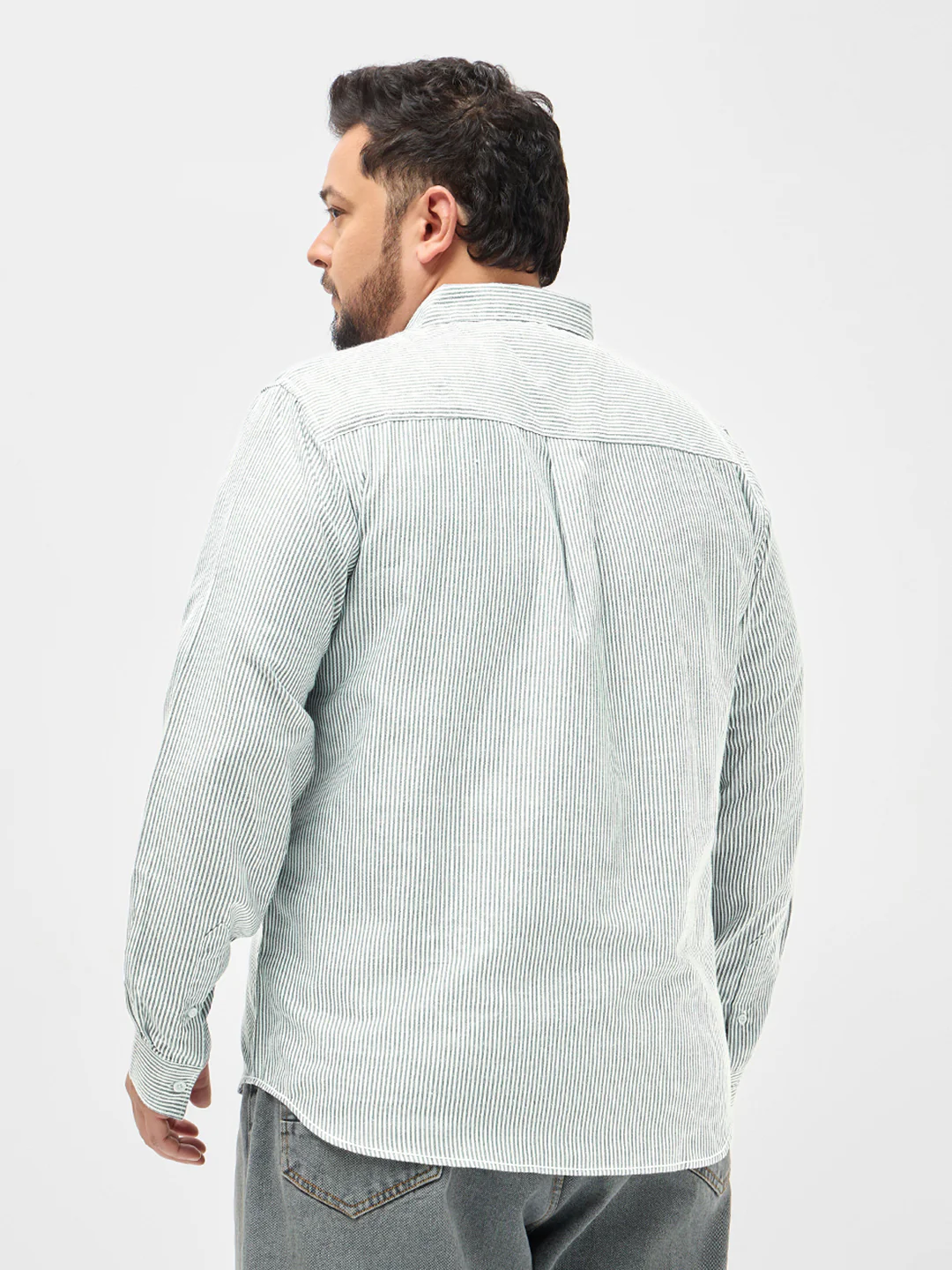Plus Men's Light Grey Cotton Full Sleeve Regular Fit Casual Striped Shirt - Image 4