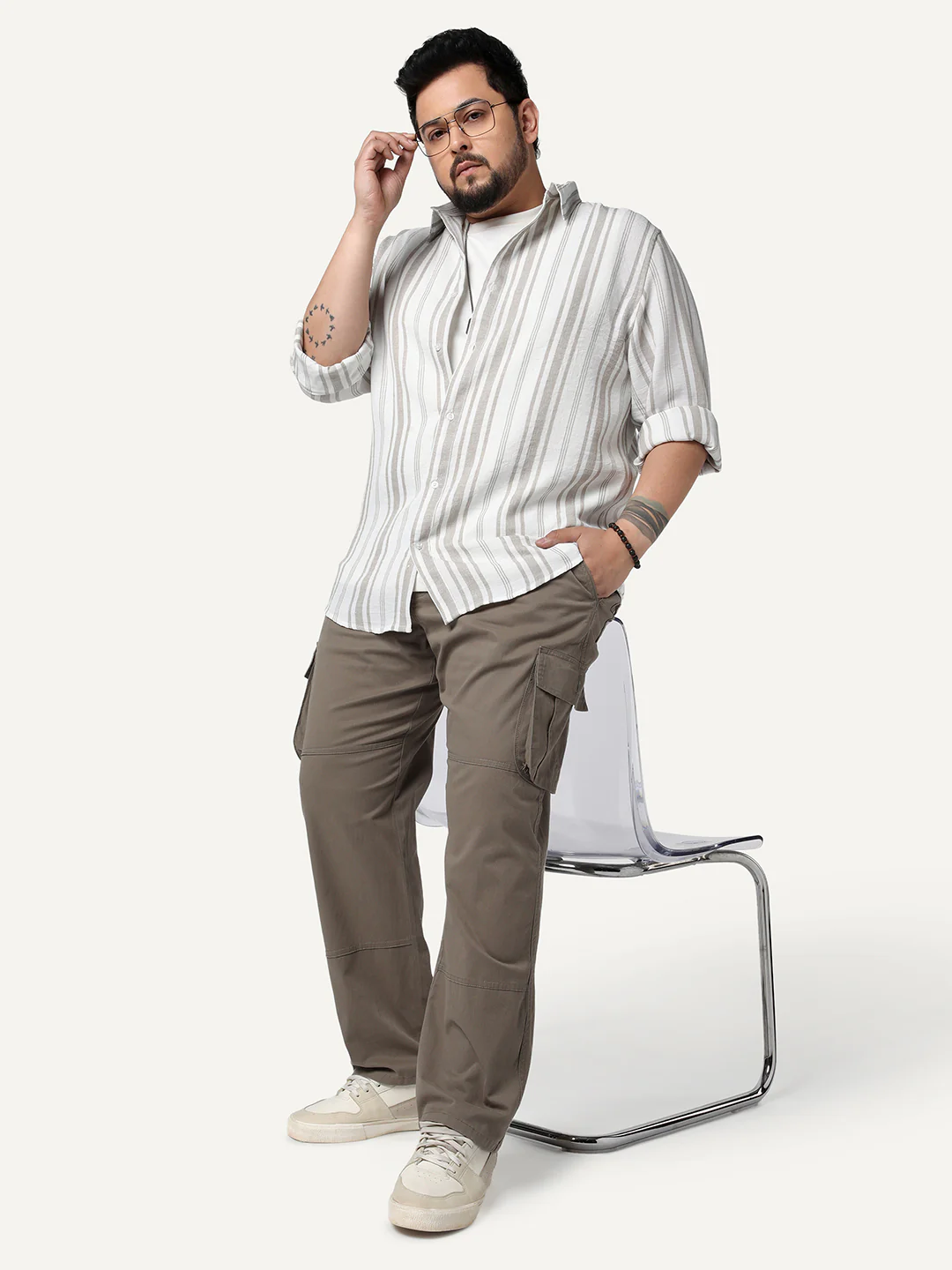 Plus Men's Light Grey Cotton Full Sleeve Relaxed Fit Linen Striped Shirt with Spread Collar - Image 4