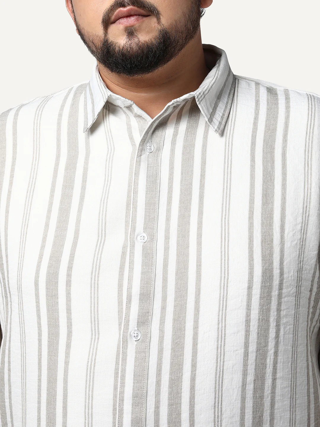 Plus Men's Light Grey Cotton Full Sleeve Relaxed Fit Linen Striped Shirt with Spread Collar - Image 5