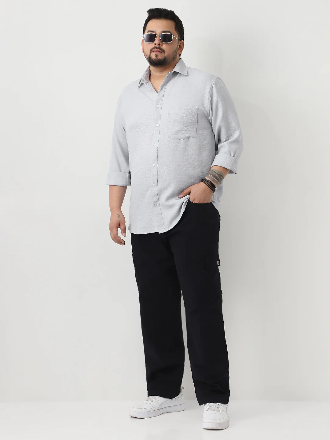 Plus Men's Light Grey Linen Blend Full Sleeve Relaxed Fit Casual Solid Shirt - Image 5