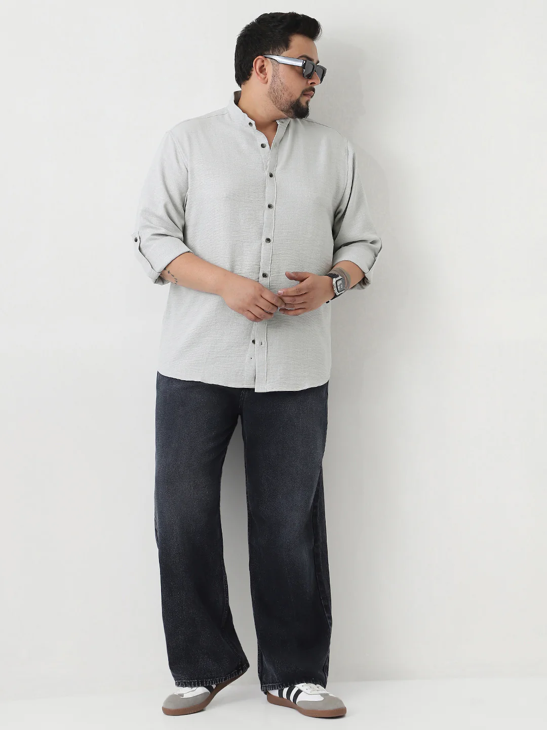 Plus Men's Light Grey Linen Blend Full Sleeve Relaxed Fit Mandarin Collar Casual Solid Shirt - Image 5
