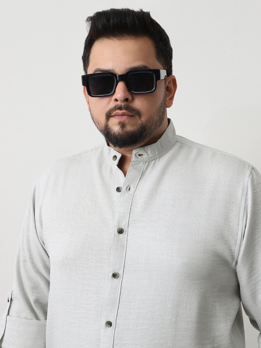 Plus Men's Light Grey Linen Blend Full Sleeve Relaxed Fit Mandarin Collar Casual Solid Shirt - Image 6