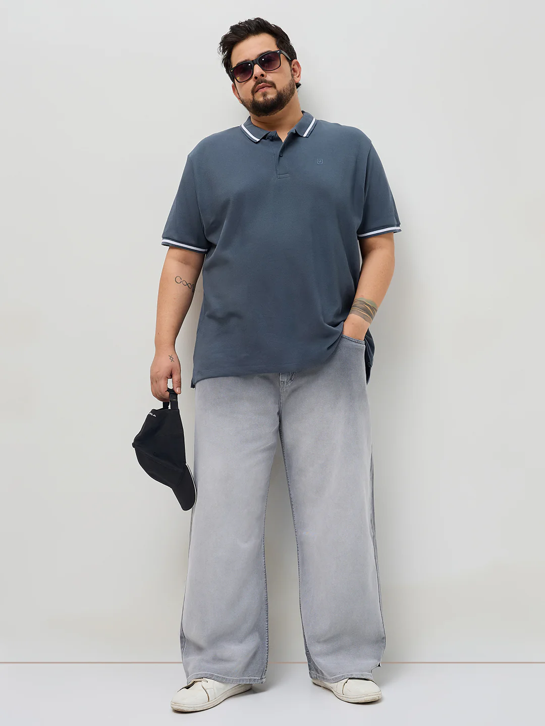 Plus Men's Light Grey Loose Baggy Fit Heavy Washed Faded Denim Jeans Non-Stretchable - Image 4