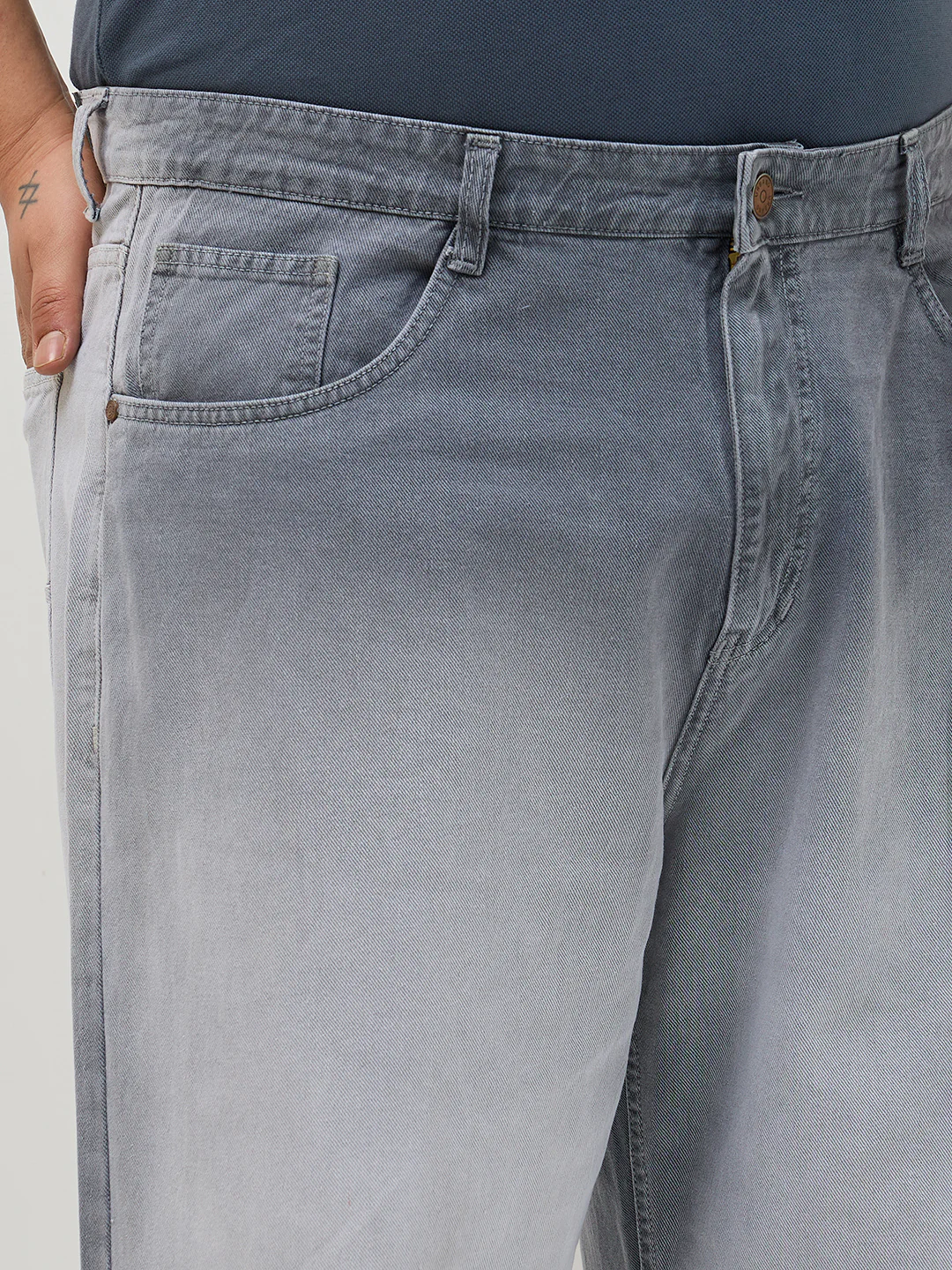 Plus Men's Light Grey Loose Baggy Fit Heavy Washed Faded Denim Jeans Non-Stretchable - Image 5