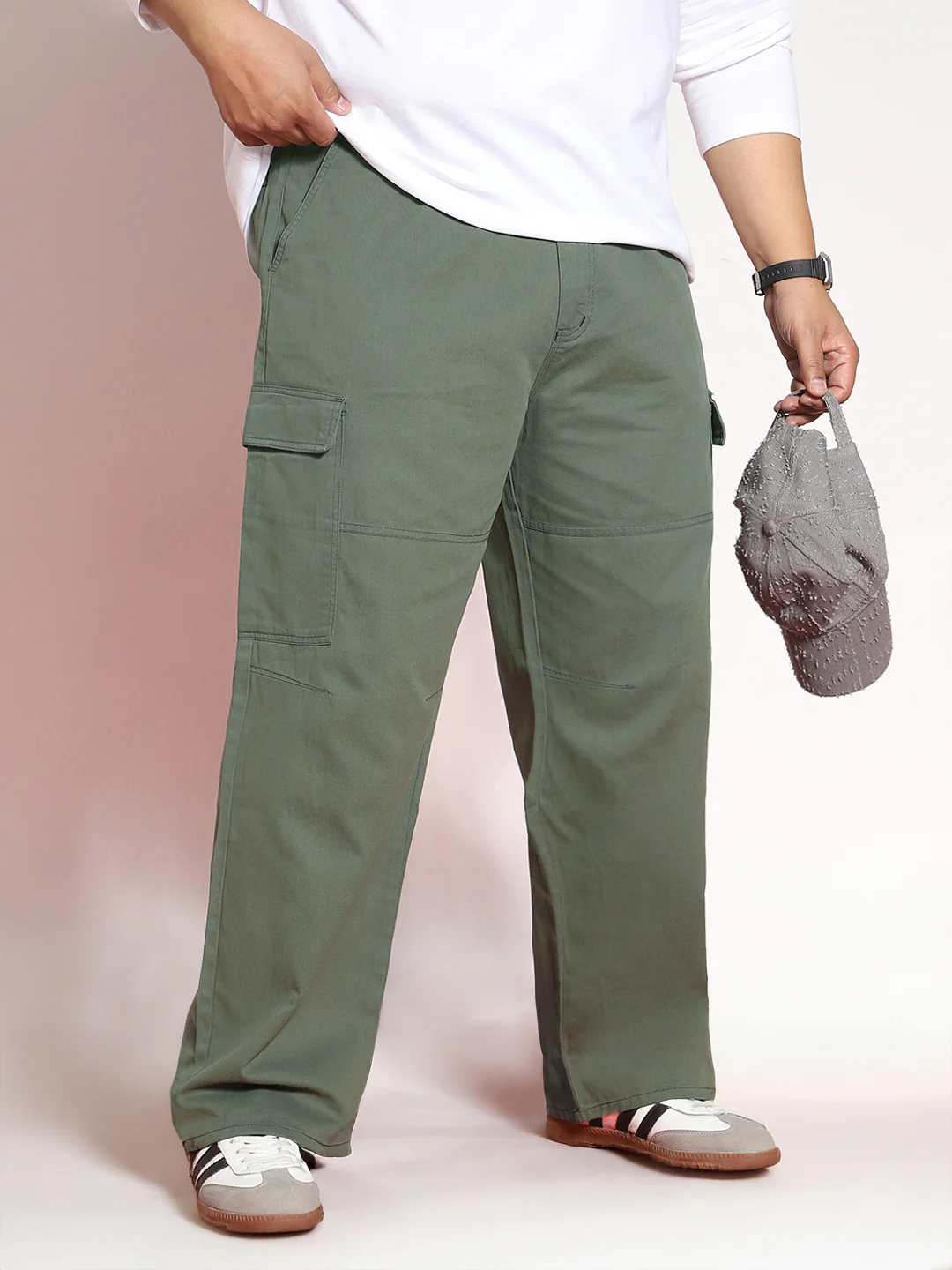 Plus Men's Light Grey Loose Baggy Fit Solid Cargo Chino Pant with 6 Pockets Non-Stretchable - Image 2