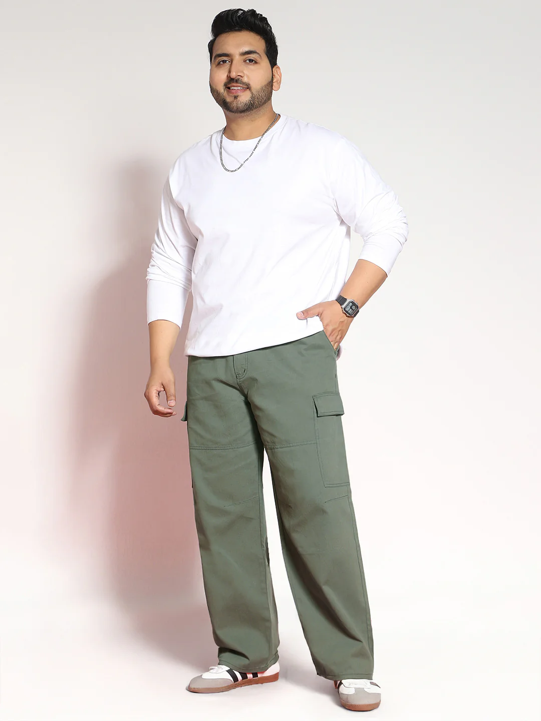 Plus Men's Light Grey Loose Baggy Fit Solid Cargo Chino Pant with 6 Pockets Non-Stretchable - Image 5
